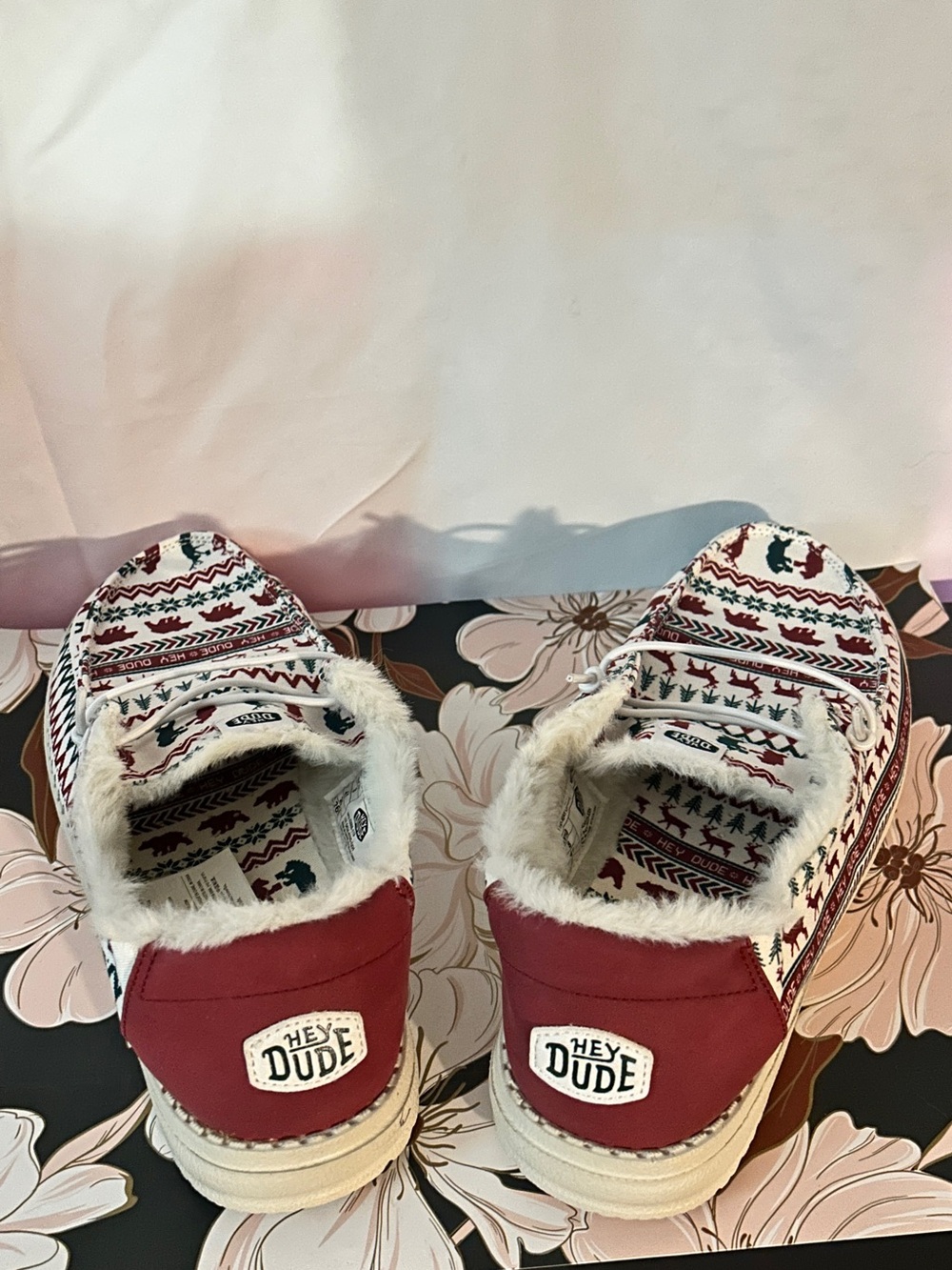 Hey Dude Holiday Pattern Faux-Fur Slip-Ons - Red, Green & White - Picture 2 of 5